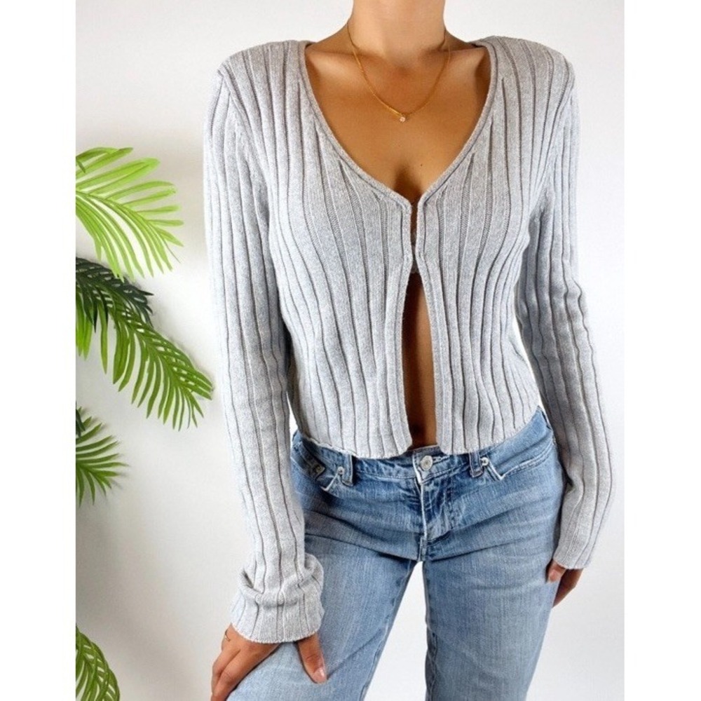 Vintage Y2K Indie Cottagecore Sweater Ribbed Cropped Open Belly Top Gray Size Sm